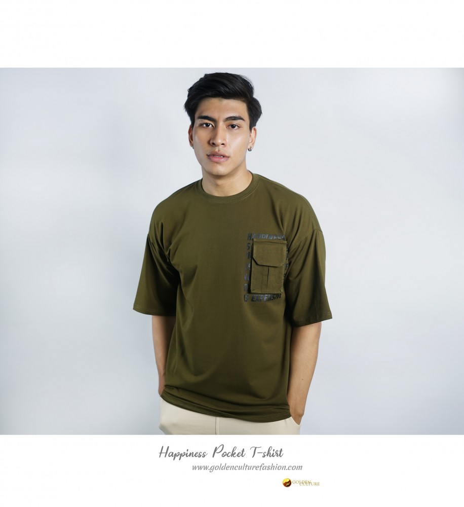 HAPPINESS IS EXPENSIVE Pockets Oversized T-Shirt (Army Green)